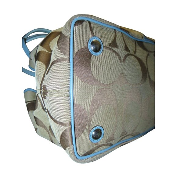 Coach 2009 Cursive Creed Khaki & Blue Jacquard Frame Kisslock Carryall Satchel - Picture 11 of 12